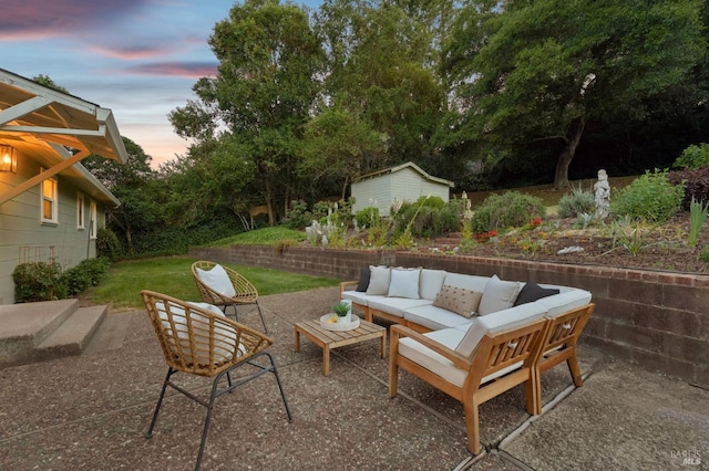 1400 High School Rd, Sebastopol, CA 95472 - view of patio / terrace with an outdoor hangout area, a storage shed, and an outbuilding