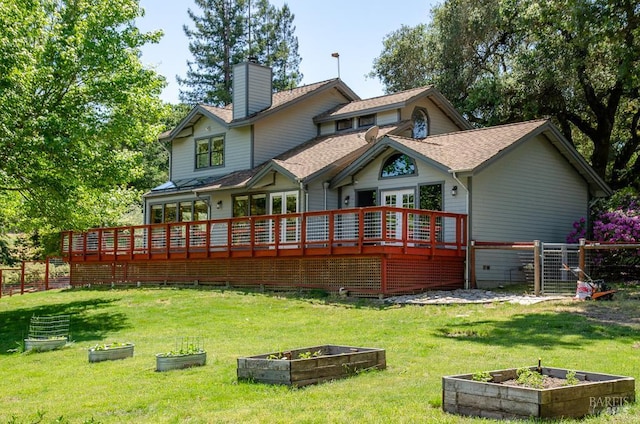 7293 Occidental Rd, Sebastopol, CA 95472 - back of house with a garden, french doors, a deck, and a chimney