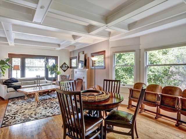 1011 Georgia St, Vallejo, CA 94590 - dining space with coffered ceiling, light wood-style floors, and beamed ceiling
