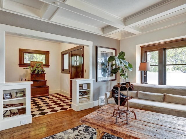 1011 Georgia St, Vallejo, CA 94590 - sitting room with coffered ceiling, beamed ceiling, tile patterned floors, baseboards, and ornamental molding