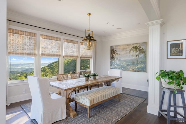 17256 7th St E, Sonoma, CA 95476 - dining space with ornate columns, healthy amount of natural light, baseboards, dark wood-style flooring, and ornamental molding