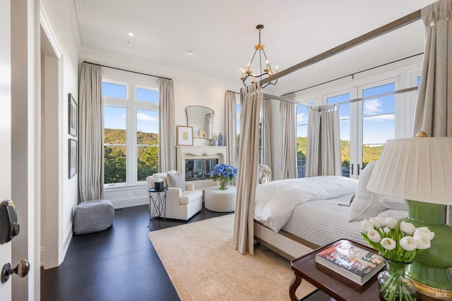 17256 7th St E, Sonoma, CA 95476 - bedroom with crown molding, wood finished floors, a chandelier, and access to outside