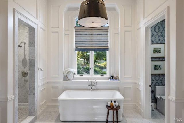 17256 7th St E, Sonoma, CA 95476 - full bath with a decorative wall, a tile shower, and a freestanding tub