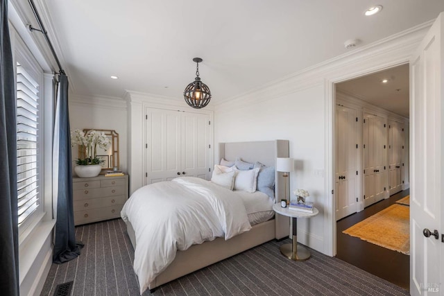 17256 7th St E, Sonoma, CA 95476 - carpeted bedroom with multiple windows, ornamental molding, a closet, recessed lighting, and a chandelier