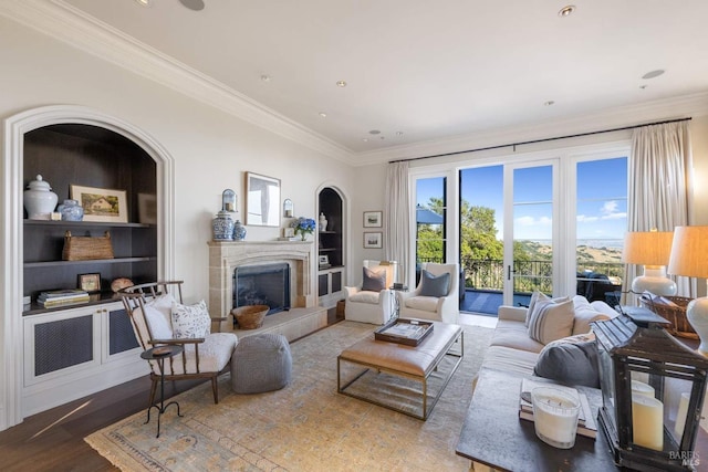 17256 7th St E, Sonoma, CA 95476 - living room featuring crown molding, a premium fireplace, and wood finished floors