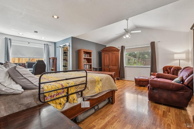 548 Bass Dr, Vacaville, CA 95687 - bedroom featuring wood finished floors, lofted ceiling, recessed lighting, and a ceiling fan