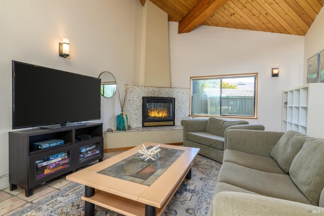 41923 Mizzen Mast, The Sea Ranch, CA 95497 - tiled living room featuring wooden ceiling, beamed ceiling, high vaulted ceiling, and a fireplace