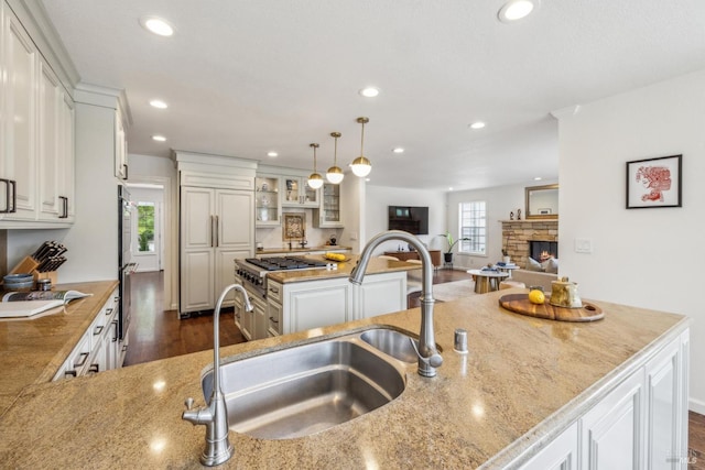 9724 Green Valley Rd, Sebastopol, CA 95472 - kitchen with a stone fireplace, recessed lighting, a sink, dark wood-style floors, and white cabinetry