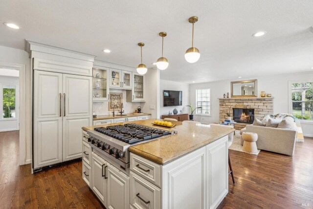 9724 Green Valley Rd, Sebastopol, CA 95472 - kitchen featuring built in fridge, dark wood-style floors, stainless steel gas stovetop, glass insert cabinets, and recessed lighting