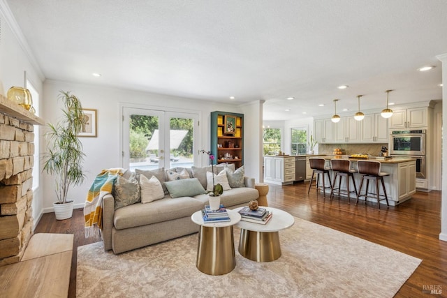 9724 Green Valley Rd, Sebastopol, CA 95472 - living area featuring recessed lighting, dark wood-type flooring, french doors, crown molding, and baseboards