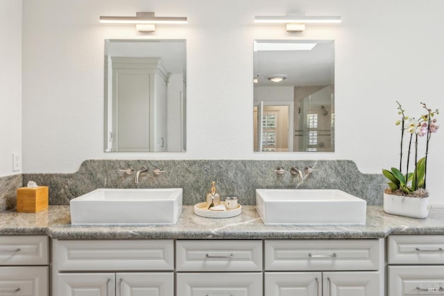 9724 Green Valley Rd, Sebastopol, CA 95472 - bathroom featuring a stall shower and double vanity