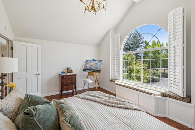 9724 Green Valley Rd, Sebastopol, CA 95472 - bedroom featuring vaulted ceiling, a chandelier, and dark wood-style floors