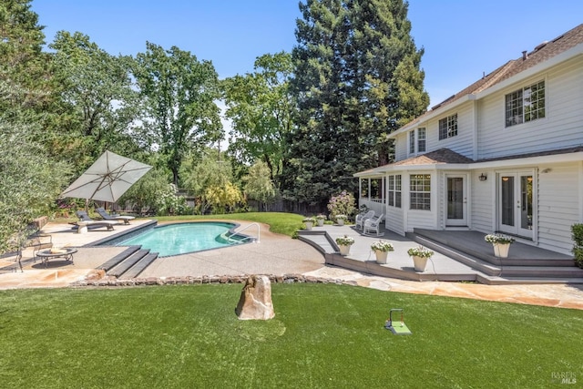 9724 Green Valley Rd, Sebastopol, CA 95472 - view of swimming pool with french doors, an outdoor fire pit, a patio, and a deck