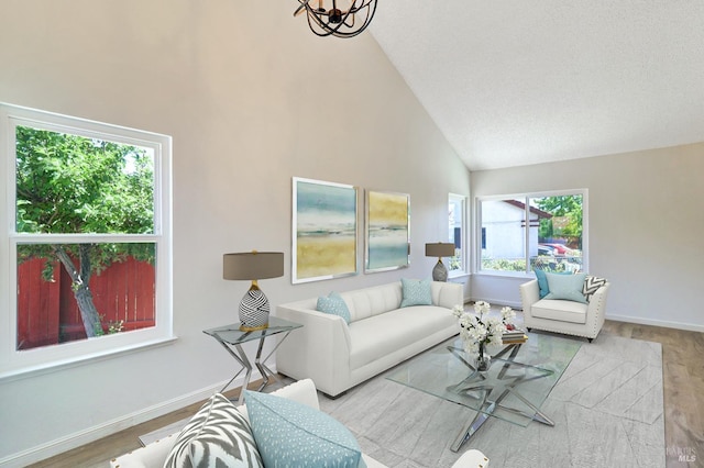 181 Belvedere Ct, Vallejo, CA 94589 - living room with high vaulted ceiling, baseboards, wood finished floors, and a chandelier