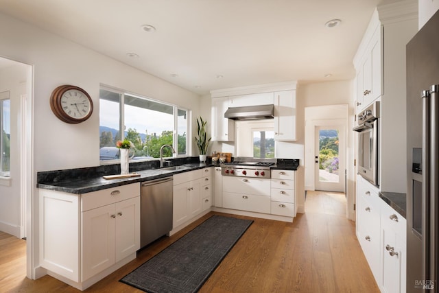 kitchen featuring appliances with stainless steel finishes, a sink, light wood finished floors, extractor fan, and recessed lighting