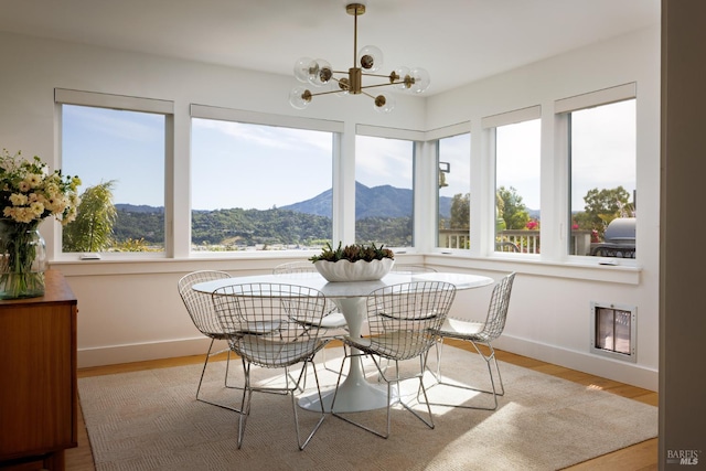 dining area with baseboards, a mountain view, and wood finished floors