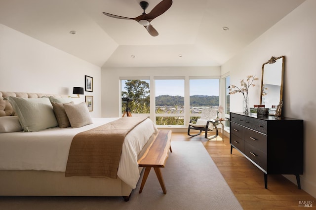 bedroom with wood finished floors, ceiling fan, and a raised ceiling