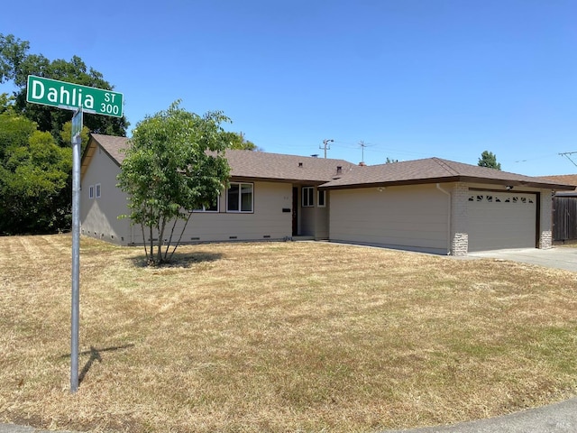 312 Dahlia St, Fairfield, CA 94533 - ranch-style home with a front lawn, an attached garage, crawl space, driveway, and roof with shingles