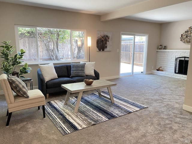 312 Dahlia St, Fairfield, CA 94533 - living room with carpet flooring, beam ceiling, baseboards, and a fireplace