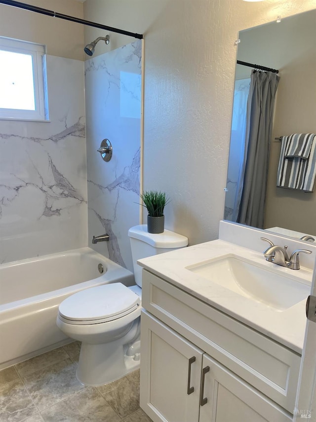 312 Dahlia St, Fairfield, CA 94533 - bathroom featuring vanity, shower / bath combo with shower curtain, toilet, and a textured wall