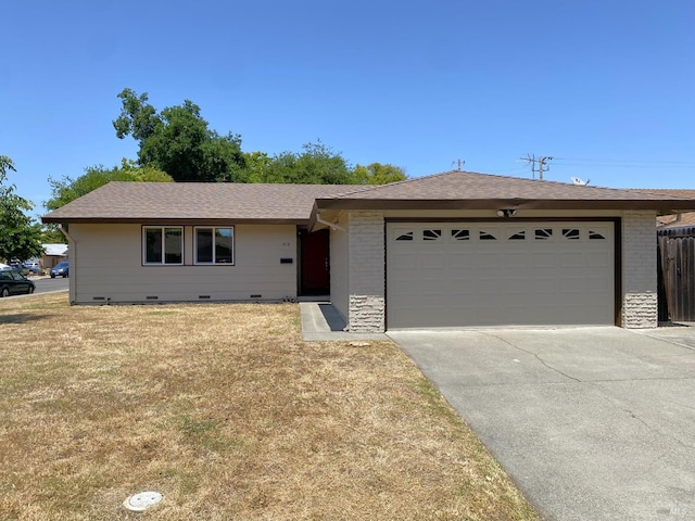 312 Dahlia St, Fairfield, CA 94533 - ranch-style home with an attached garage, brick siding, concrete driveway, and a front yard