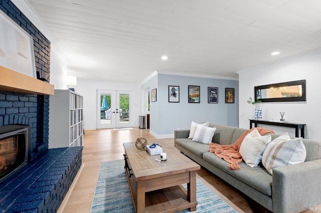4512 Dry Creek Rd, Napa, CA 94558 - living room with french doors, crown molding, light wood finished floors, recessed lighting, and baseboards