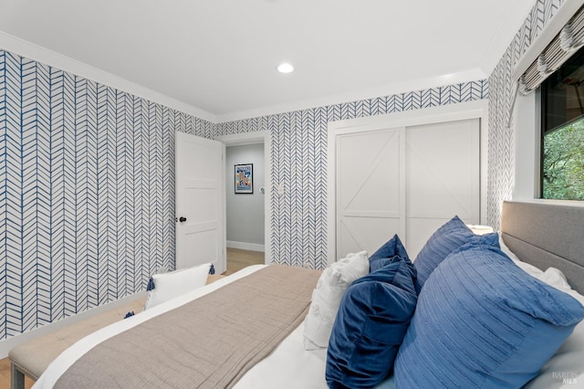 4512 Dry Creek Rd, Napa, CA 94558 - bedroom featuring wallpapered walls, ornamental molding, recessed lighting, and baseboards