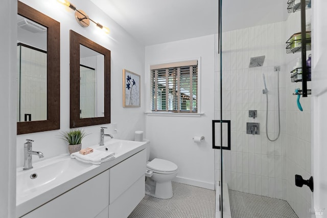 4512 Dry Creek Rd, Napa, CA 94558 - bathroom featuring a stall shower, toilet, tile patterned flooring, and double vanity