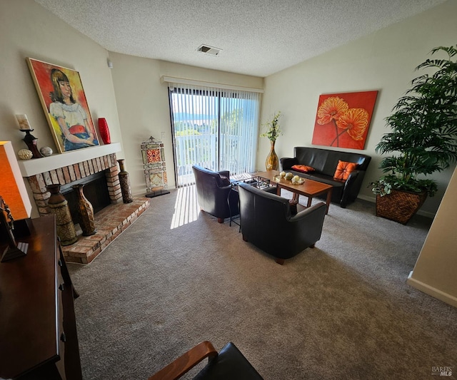 2145 Clearview Cir, Benicia, CA 94510 - living area with carpet flooring, a textured ceiling, and a brick fireplace