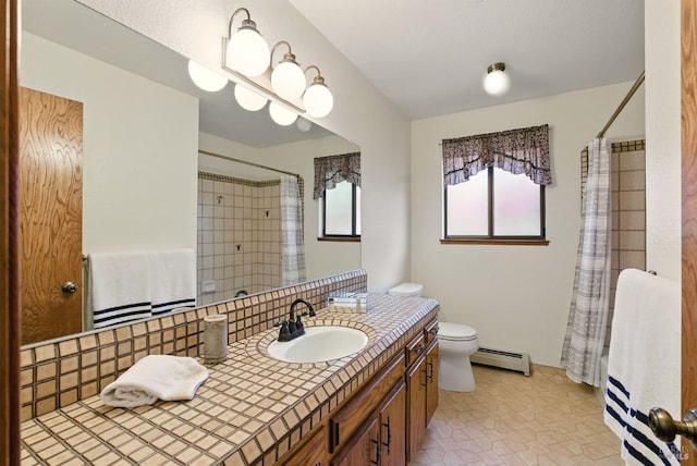 4620 Morris Ct, Santa Rosa, CA 95405 - bathroom featuring a baseboard radiator, toilet, vanity, and curtained shower