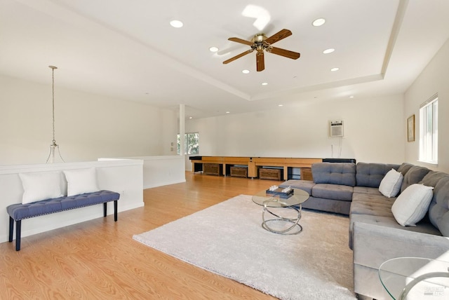 4620 Morris Ct, Santa Rosa, CA 95405 - living area with light wood-style floors, ceiling fan, a raised ceiling, and recessed lighting