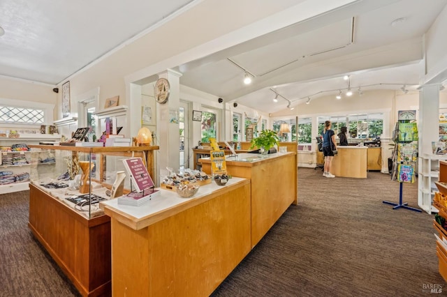 4100 Petrified Forest Rd, Santa Rosa, CA 94515 - office area featuring dark carpet, lofted ceiling, and ornate columns