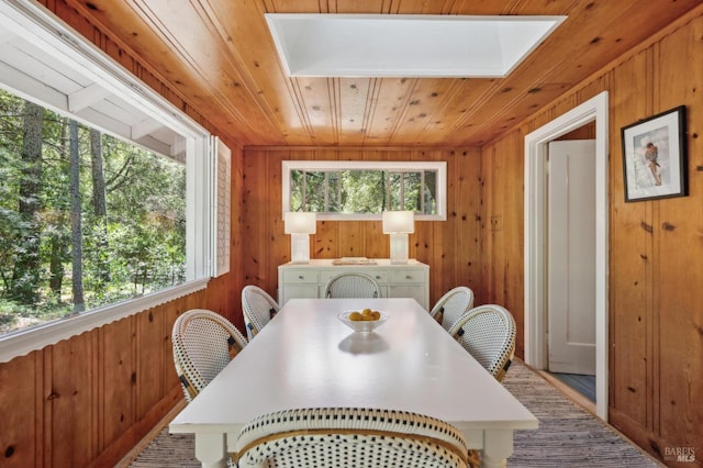 4100 Petrified Forest Rd, Santa Rosa, CA 94515 - dining space featuring wooden walls, a skylight, and wooden ceiling