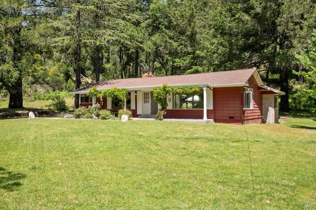 4100 Petrified Forest Rd, Santa Rosa, CA 94515 - single story home with covered porch, crawl space, a front lawn, and a chimney