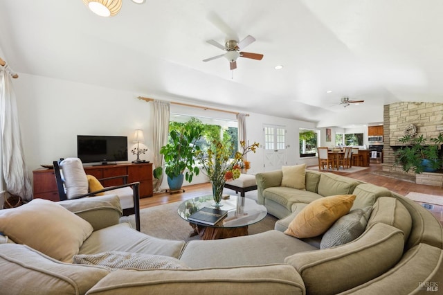 4100 Petrified Forest Rd, Santa Rosa, CA 94515 - living room with a ceiling fan, lofted ceiling, and wood finished floors