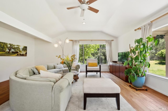 4100 Petrified Forest Rd, Santa Rosa, CA 94515 - living room with ceiling fan, light wood finished floors, lofted ceiling, healthy amount of natural light, and baseboards