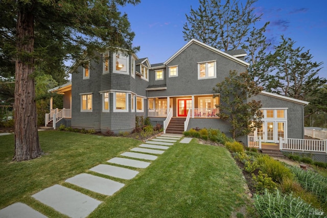 475 Molino Ave, Mill Valley, CA 94941 - shingle-style home with french doors, a front lawn, covered porch, and stairs