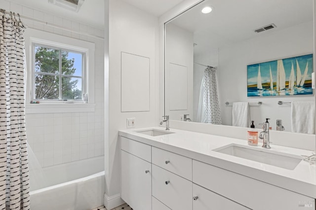 475 Molino Ave, Mill Valley, CA 94941 - bathroom featuring double vanity, shower / tub combo with curtain, and recessed lighting