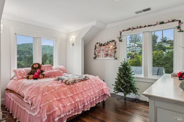 475 Molino Ave, Mill Valley, CA 94941 - bedroom with crown molding, multiple windows, and dark wood-style floors
