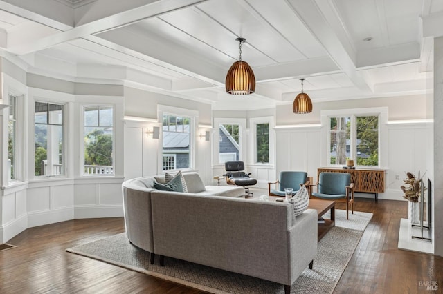 475 Molino Ave, Mill Valley, CA 94941 - living room featuring a decorative wall, plenty of natural light, dark wood-type flooring, beam ceiling, and coffered ceiling