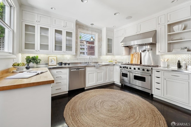 2111 Vallejo St, San Francisco, CA 94123 - kitchen featuring stainless steel appliances, under cabinet range hood, white cabinets, glass insert cabinets, and backsplash