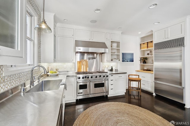 2111 Vallejo St, San Francisco, CA 94123 - kitchen featuring stainless steel countertops, high end appliances, under cabinet range hood, a sink, and open shelves