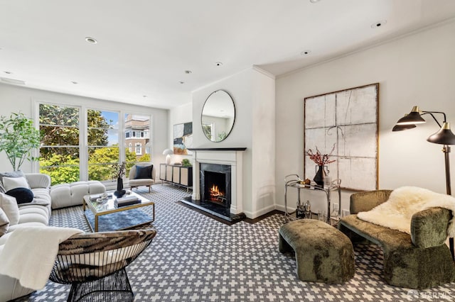2111 Vallejo St, San Francisco, CA 94123 - living room with carpet flooring, a high end fireplace, baseboards, crown molding, and recessed lighting
