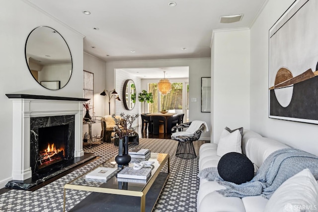 2111 Vallejo St, San Francisco, CA 94123 - living room with a high end fireplace, ornamental molding, and baseboards