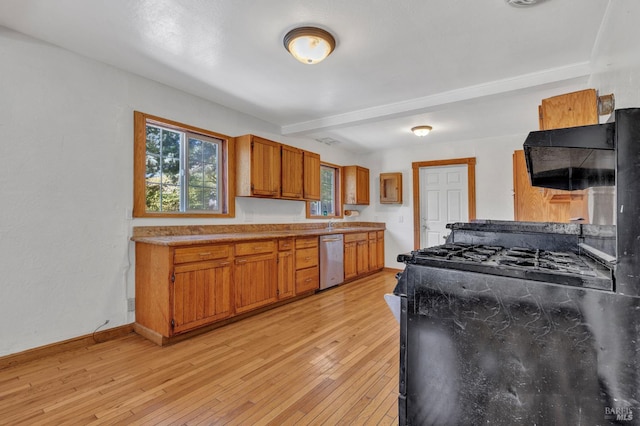845 W K St, Benicia, CA 94510 - kitchen with stainless steel dishwasher, brown cabinetry, light wood-style flooring, ventilation hood, and baseboards