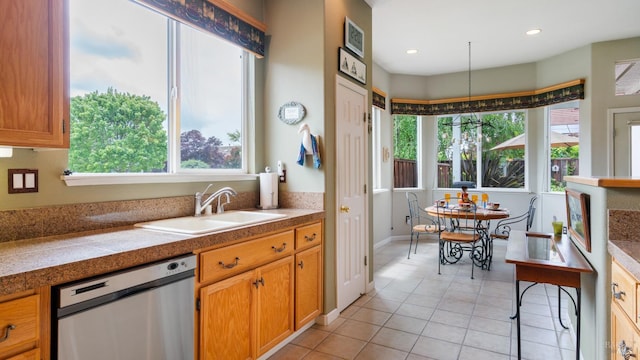 2001 Timberline Ln, Petaluma, CA 94954 - kitchen with dishwasher, a sink, light tile patterned floors, tile counters, and recessed lighting