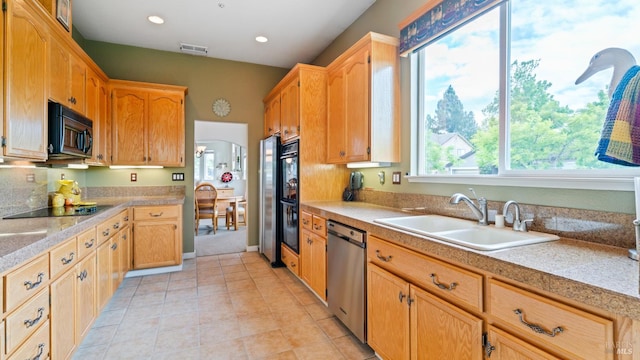2001 Timberline Ln, Petaluma, CA 94954 - kitchen featuring black appliances, a sink, tile counters, light tile patterned flooring, and recessed lighting