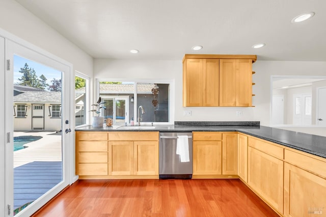 3730 Ruston Ln, Napa, CA 94558 - kitchen with dishwasher, a sink, light wood-style floors, light brown cabinetry, and recessed lighting