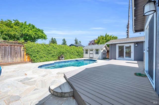 3730 Ruston Ln, Napa, CA 94558 - view of swimming pool featuring fence, a wooden deck, an outdoor structure, a shed, and a patio