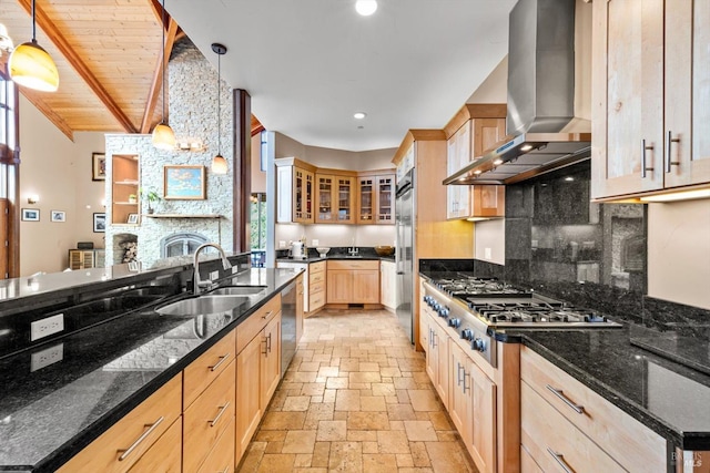303 Mctavish Ct Unit A, Fairfield, CA 94534 - kitchen with wall chimney range hood, a sink, light brown cabinets, appliances with stainless steel finishes, and decorative backsplash